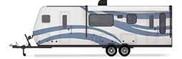 Profile of a white trailer with a pair of blue-striped waves along the side.